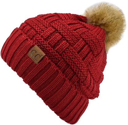 C.C Knit Beanie Hat – Fuzzy Fleece Lined Warm Winter Hat, Faux Fur Pom Soft Stretchy Slouchy Knit Cap, Cold Weather Beanie - color: Red