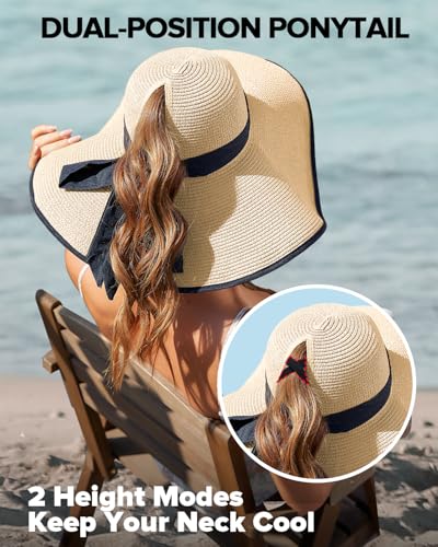 Sun Beach Hats for Women with Ponytail Hole, Floppy Wide Brim Beach Hat, Straw Summer Packable Sunhat Foldable Sun Protection - color: Beige, size: Large