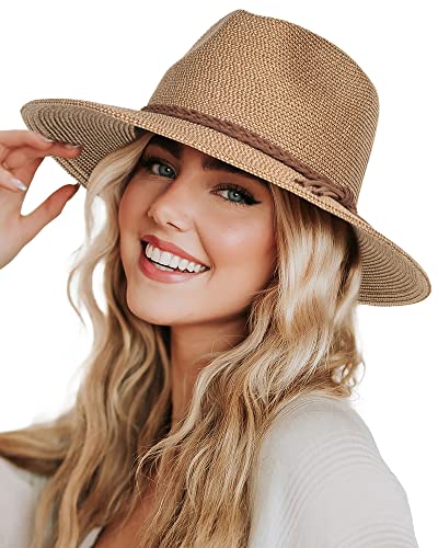 FURTALK Womens Wide Brim Sun Hat Beach Panama Fedora Straw Summer - color: Coffee Brown, size: Large-X-Large