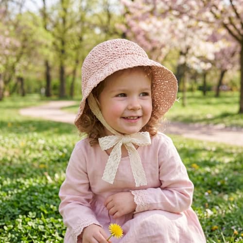 Baby Girl Straw Sun Hat, Toddler Summer Beach Hat, Soft Foldable Infant Sun Hat with Lace Bowknot, Outdoor UV Protection Cap - color: Pink
