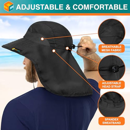 SUN CUBE Wide Brim Sun Hat with Neck Flap for Men Women, UPF50+ Fishing - color: Black