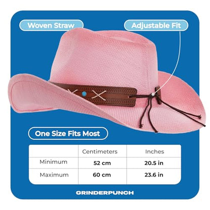 grinderPUNCH Straw Cowboy Hat for Men Women Western Cowgirl Outback Sun Hat - color: Pink