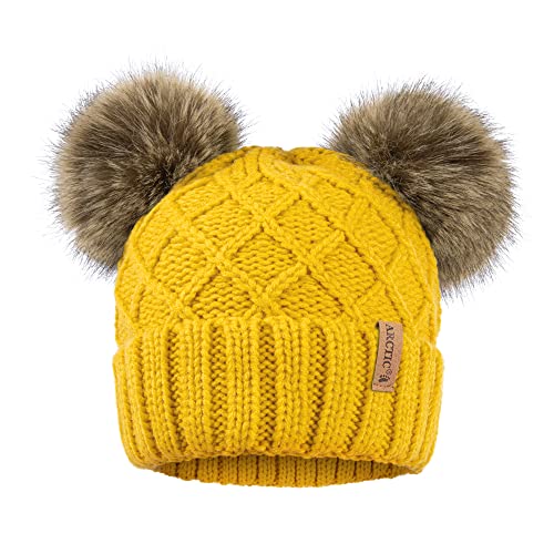 Arctic Paw Womens Winter Hat Cable Knit Beanie for Women Faux Fur Pompom Ears - color: Yellow Hat Coffee Ball