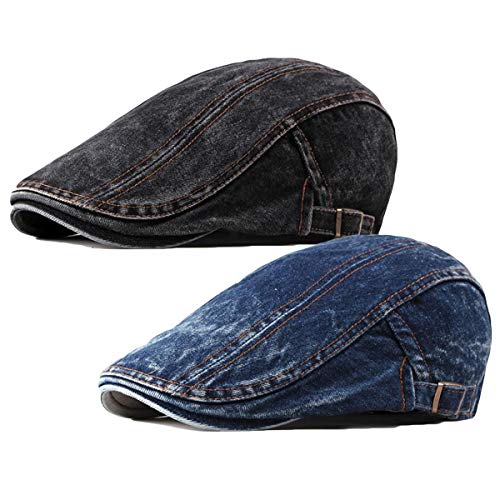 2 Pack Mens Denim Cotton Newsboy Cap Ivy Gatsby Driving Hunting Cabbie Hats - color: 2 Pack-i