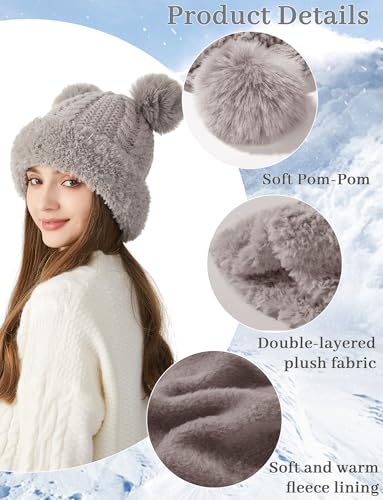 FEOYA Womens Knit Winter Beanie Hat with Faux Fur Pompom Fuzzy Cute Knit Fleece Lined Skull Cap - color: Grey
