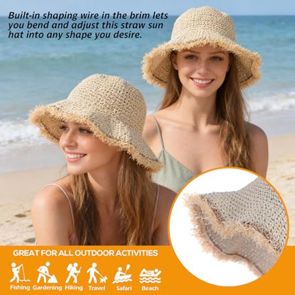 Women's Straw Bucket Sun Hat, Packable Floppy Wide Brim Beach Hat - color: Beige