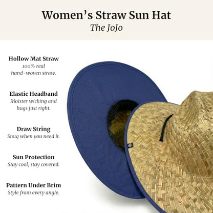 Women's Wide Brim Straw Sun Hat for Beach, Lifeguard Style, Hand-Woven Rush & Mat, Adjustable Chin Drawstring - color: The Jojo