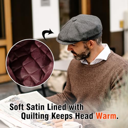 TOP-EX Wool Tweed Newsboy Cap for Men 8 Panel Vintage Flat Ivy Hat - color: Brown-herringbone, size: X-Large