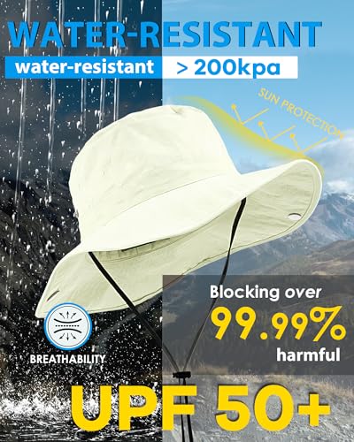 Wide Brim Waterproof Bucket Rain Hat for Women Men UPF50+ Cowboy Sun Hat - color: Ivory White
