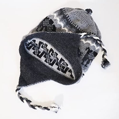 Alpaca Wool Blend Winter Hat Chullo Inca Peruvian Design Reversible with Earflaps. Beanie Medium Size. Unisex - color: Light Gray/Rat Gray