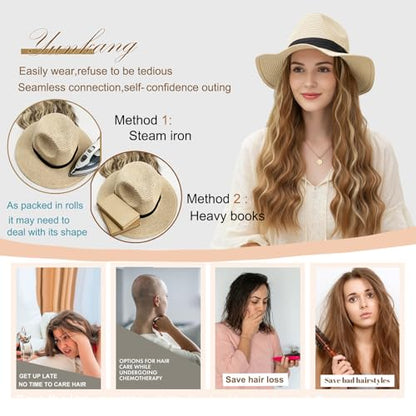 Hat Wig Panama Hat with Mix Golden Blonde Long Wave Hair Attached for Women Beige Color Wide Brim Straw Beach Sun Hat Wig - color: M-Mgolden blonde