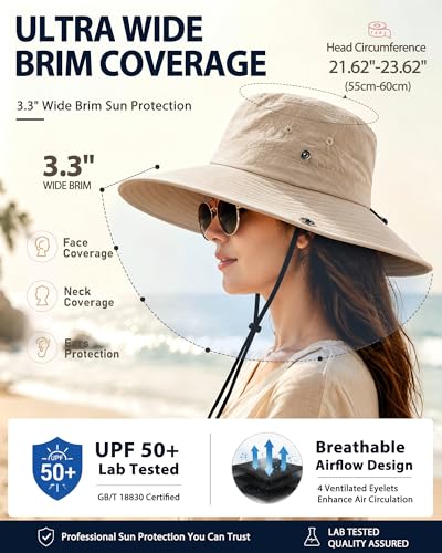 Wide Brim Waterproof Bucket Rain Hat for Women Men UPF50+ Cowboy Sun Hat - color: Beige
