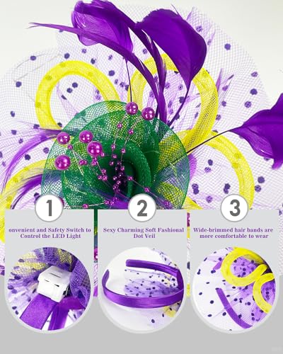 Women Fascinator Hats LED Light Up Headband for Tea Party Halloween Night Headwear Christmas Mardi Gras - color: Yellow Green Purple