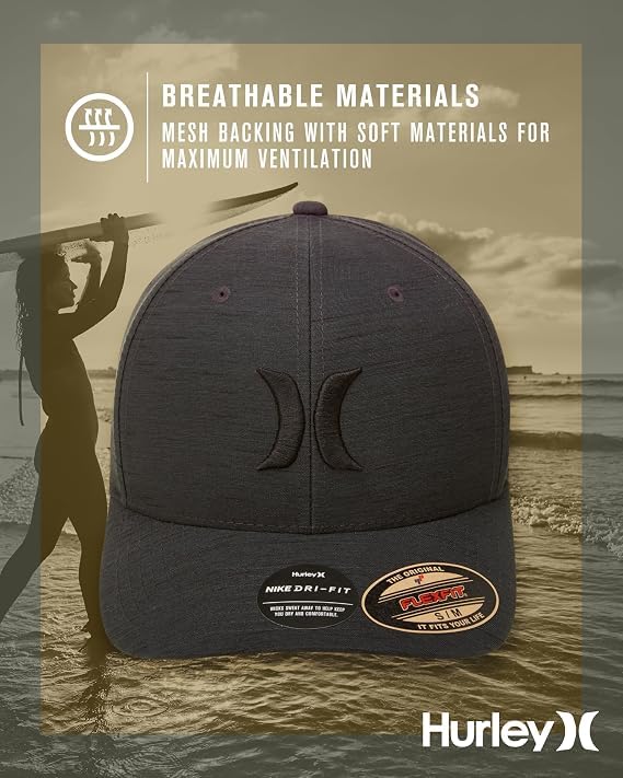 Hurley Mens Baseball Cap, H2O-Dri Stretch Fitted Hat with Curved Bill - color: Black Heather, size: Large-X-Large