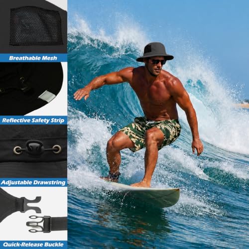 Surblue Surf Bucket Hat with Widened Chin Straps UPF 50+ Windproof Sun Hat Adjustable Packable Cap for Water Sports Surfing - color: Black