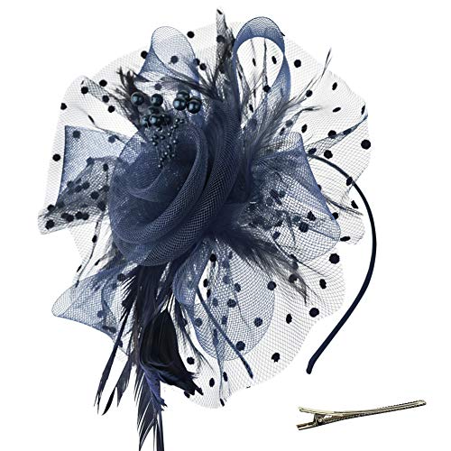 DRESHOW Fascinators Hat Flower Mesh Ribbons Feathers on a Headband and a Clip Tea Party Headwear for Girls and Women - color: 7" Diameter / Navy