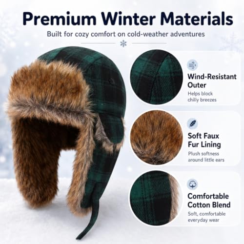 Baby Toddler Winter Trapper Hat Warm Faux Fur Aviator Hat Russian Ushanka Trooper Hunting Ski Hat with Ear Flaps Age 1-8T - color: Green Lattice, size: 5-8 Years
