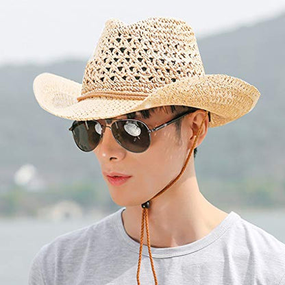 Straw Hat Women Men Cowboy Hats Beach Floppy Sun Hats Brim Summer Sunhat Bush Sombrero Travel Cowgirl Hat Costume - color: Beige