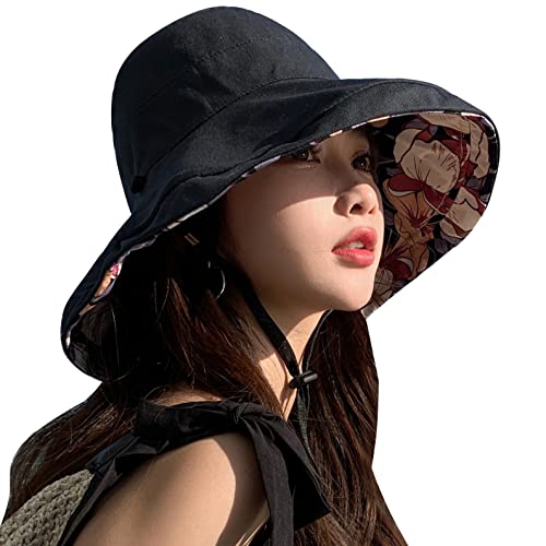 HUAMULAN Wide Brim Women Summer Sun Floppy Hat Reversible Beach Bucket Hat - color: M1744-black