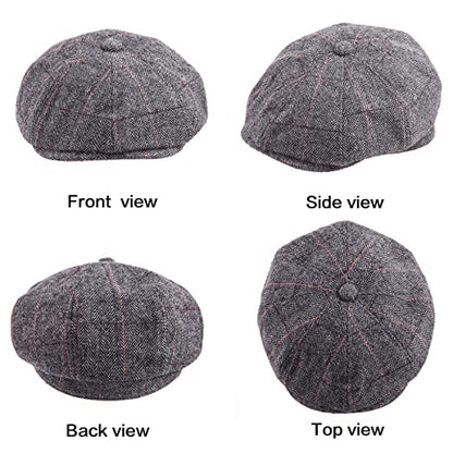 LADYBRO 8 Panel Newsboy Hats for Men Cap Irish Wool Blend Tweed, Adjustable - color: 003 Plaid Grey, size: 7 3/8-7 5/8