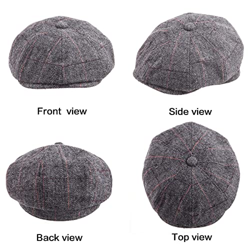 LADYBRO 8 Panel Newsboy Hats for Men Cap Irish Wool Blend Tweed, Adjustable - color: 003 Plaid Grey, size: 7 3/4-8
