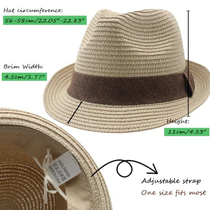 Straw Fedora Hat for Women Men Short Brim Panama Hats Derby Trilby Hats Breathable Packable Summer Beach Sun Hat - color: Beige Brown