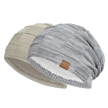 Vgogfly Slouchy Beanie for Men Winter Hats for Guys Cool Beanies Mens Lined Knit Warm Thick Skully Stocking Binie Hat Pairs - color: Light Grey&khaki-2