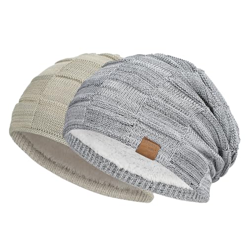 Vgogfly Slouchy Beanie for Men Winter Hats for Guys Cool Beanies Mens Lined Knit Warm Thick Skully Stocking Binie Hat Pairs - color: Light Grey&khaki-2