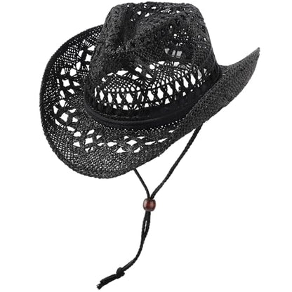 AQOKKA Straw Cowboy Hats for Women Men Western Cowgirl Hats with Shapeable Brim Woven Hollow Out Unisex Beach Roll Up Caps - color: Black