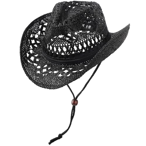 AQOKKA Straw Cowboy Hats for Women Men Western Cowgirl Hats with Shapeable Brim Woven Hollow Out Unisex Beach Roll Up Caps - color: Black