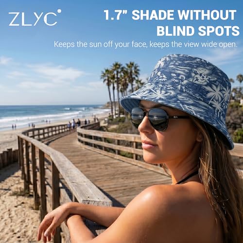 ZLYC Printed Bucket Hat for Women Men Packable Summer Sun Hat for Beach - color: Palm Tree Blue