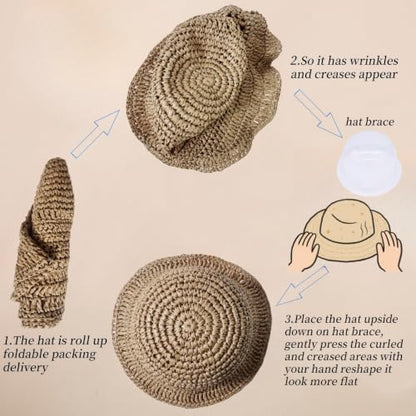 Floppy Big Beach Straw Hats for Women Foldable Summer Wide Brim Packable Sun Hat Womens Travel Straw Fedora Hat - color: Khaki-8