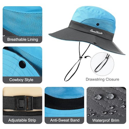 Womens Sun Hat with Ponytail Hole, UV Protection Foldable Beach Fishing Hat - color: Blue & Grey