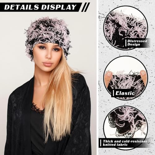 Chuarry Distressed Knitted Beanie Fuzzy Winter Hat - color: Black and Pink
