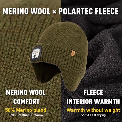 TOP-EX DryKnit™ Waterproof 50% Merino Wool LED Beanie Hat with Ear Flaps - color: Green, size: Medium-Large