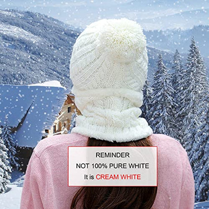 HUAMULAN Women Winter Knit Beanie Hats One Piece Fleece Lined Balaclavas - color: Cream White