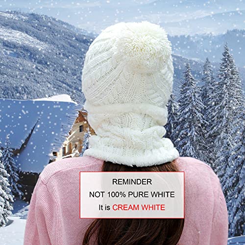 HUAMULAN Women Winter Knit Beanie Hats One Piece Fleece Lined Balaclavas - color: Cream White