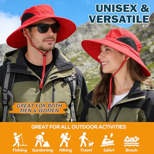 Wide Brim Sun Bucket Hat, Waterproof Boonie Hat for Men & Women - color: 01 Red