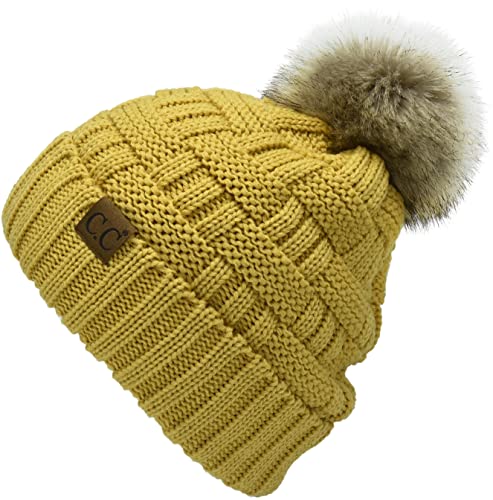C.C Knit Beanie Hat – Fuzzy Fleece Lined Warm Winter Hat, Faux Fur Pom Soft Stretchy Slouchy Knit Cap, Cold Weather Beanie - color: Honey Mustard