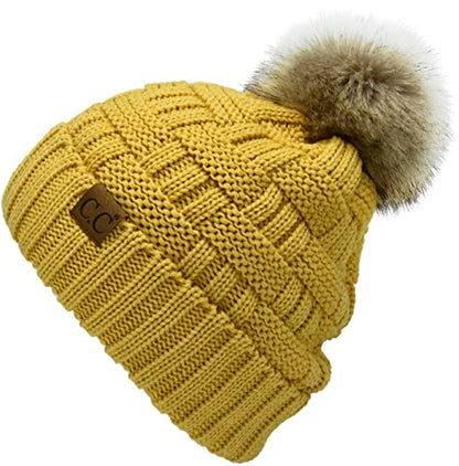 C.C Knit Beanie Hat – Fuzzy Fleece Lined Warm Winter Hat, Faux Fur Pom Soft Stretchy Slouchy Knit Cap, Cold Weather Beanie - color: Honey Mustard