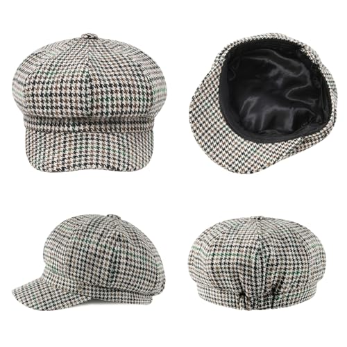 VOBOOM 8 Panel Wool Tweed Newsboy Gatsby Ivy Cap Golf Cabbie Driving Hat - color: Houndstooth Coffee