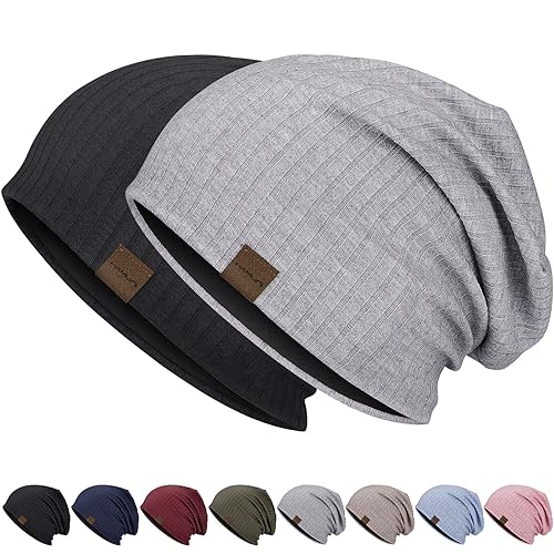 HAMUNI Slouchy Beanie for Men Women Soft Lightweight Chemo Headwear - color: Black+light Grey