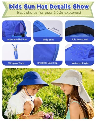 Rosoz Kids Sun Hat with Neck Flap UV Protection Summer Toddler Beach Hat Unisex Ponytail Hat Wide Brim Fishing Hat - color: 1pack-sapphire Blue