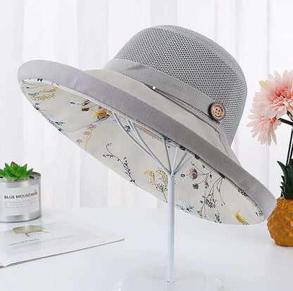Summer Mesh Sun Hats for Women UV Protection Wide Brim Packable Bucket Hat - color: Grey