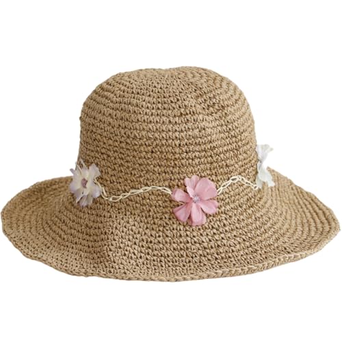 KORADI Womens Sun Hats Straw Hat Summer Beach Hats Foldable Floppy Cap Wide Brim Woven Bucket Hat - color: Flora-khaki
