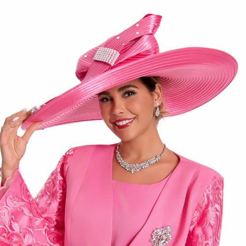 Women's Dramatic Giant Wide Brim Rhinestone Church Hat Statement Turban Fascinator for Wedding Chapel Baptist Sunday - color: 16-pink