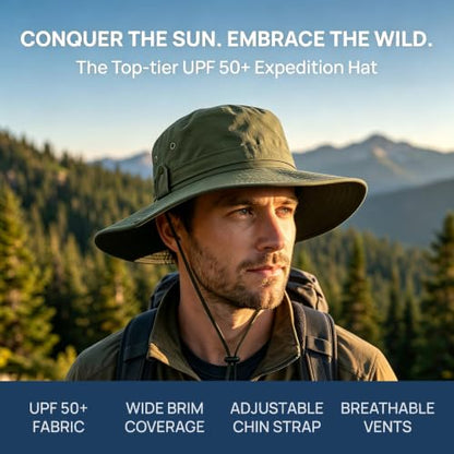 Sun Fishing Hat for Men UPF 50+ Wide Brim Boonie Hats for Summer - color: Army Green