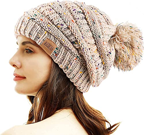 REDESS Women Winter Pom Pom Beanie Hat with Warm Fleece Lined - color: Confetti Oatmeal