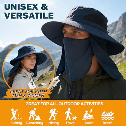 Wide Brim Sun Bucket Hat, Waterproof Boonie Hat for Men & Women - color: 07 Navy Blue (Full Coverage)