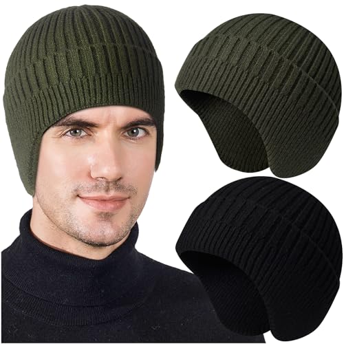 Heniho 2pcs Winter Beanies with Ear Flaps for Men Women, Warm Knit Earflaps Cap Thick Hats - color: C- Black, Army Green